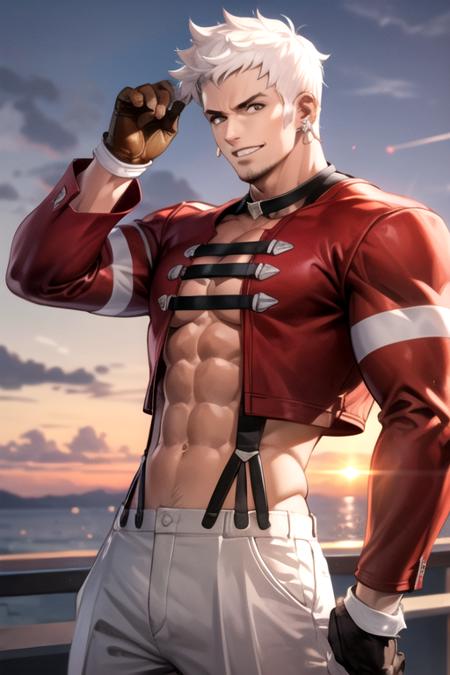 <lora:Yashiro-06:0.7>, yashirokof, solo, looking at viewer, smile, short hair, gloves, 1boy, navel, jewelry, jacket, white hair, male focus, earrings, open clothes, necktie, pants, open jacket, muscular, piercing, abs, suspenders, pectorals, muscular male, ear piercing, bara, red jacket, brown gloves, large pectorals, cropped jacket, sunset, sideburns, mature male, white pants, leather, bare pectorals, pectoral cleavage