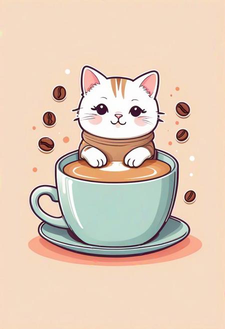 Adorable vector art of a kawaii cat with coffee theme, Cute and colorful design, Playful expression, Whimsical background, (Flat color scheme:1.2), Perfect for stickers or merchandise.