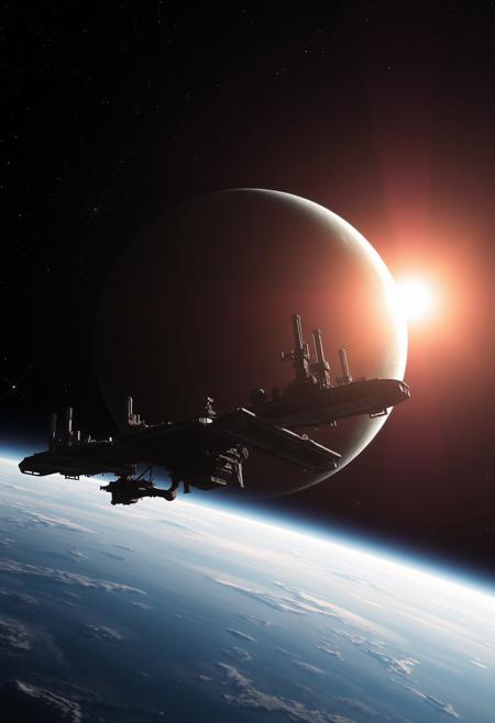 A space station against the background of a planet in the middle of space, a rising star looks out from behind the planet and illuminates part of the station with a soft light, realism