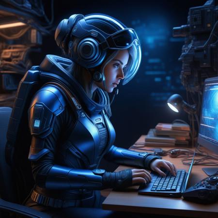 Ultra realistic  color pencil drawing of a cyber scavenger woman, trying to sell gadgets that she have collected. Wearing scrappy clothes on a desert planet.
BREAK 
Deep dark intense midnight blue misty background, Dark theme, dynamic lighting, (soft shadows), (soft focus), (photo realistic), extreme details, uhd, 8k