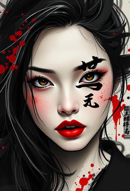 digital portrait, expressive female face, Kanji, red and black ink splashes, flowing hair, pale skin, dramatic red lips, emotional expression, abstract brushstrokes, modern meets traditional art, high-fashion aesthetic, contemporary Asian art, moody lighting, stylized composition, abstract expressionism, raw brushstrokes, vibrant colors, childlike forms, loose composition, emotional intensity, gestural lines, surreal imagery, spontaneous style, psychological depth, mixed media, layered textures, subconscious themes, primal energy, expressive abstraction
