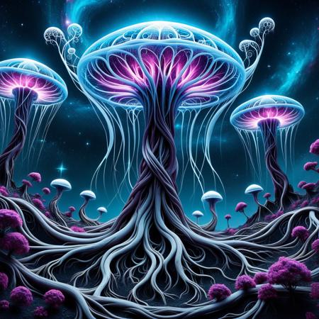 concept art .<lora:Treeroots_0_90_multi2_Handprocessed_V2:0.8> pg-tr, In a liminal realm between galaxies, a surreal garden of root-shaped nebulae grows in weightless stillness. Each root twists through micro-wormholes, binding together tiny pocket dimensions where stars are born. The roots are translucent and emit shifting aurorasâflickering pink, cyan, indigo, and whiteâwith particles of ice and dust dancing around them like pollen. Alien flora grows from these rootsâpetal-like clusters formed of pure light and gaseous filaments. Space whales drift gently through the garden, trailing smaller roots from their bellies like jellyfish tendrils. The scene is silent, eternal, and dreamlikeâa microcosmic ecosystem born from stellar dreams and timeless motion. . digital artwork, illustrative, painterly, matte painting, highly detailed
