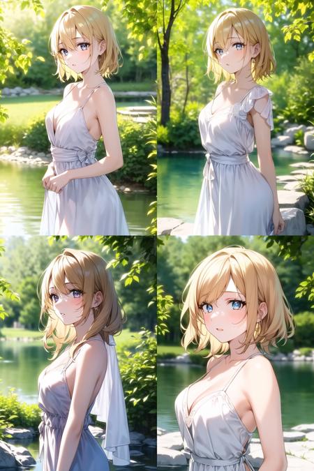 <lora:Seasons-000003:0.8>, 1girl, blonde hair,summer, outside,outfit, lake, outdoors, (masterpiece:1.0), (best quality:1.0), (8k wallpaper:1.0), extremely delicate and beautiful, (beautiful detailed face:1.0), (detailed deep eyes),  symmetrical breasts, deep eyes,