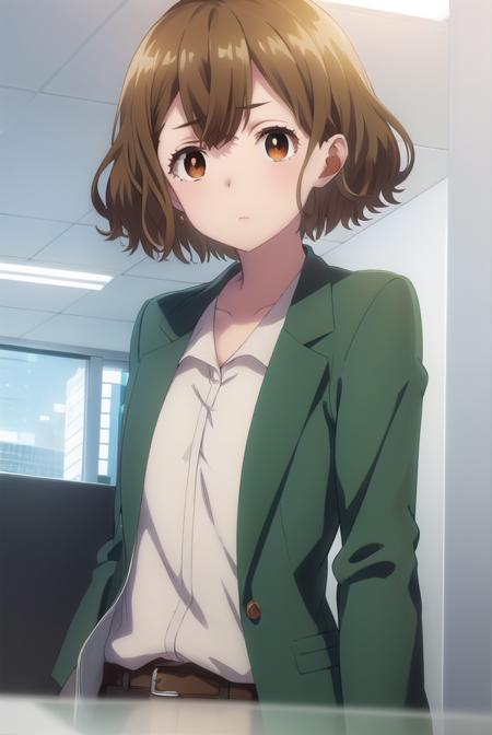 yuzuhamishima, <lora:yuzuha mishima s1-lora-nochekaiser:1>,
yuzuha mishima, short hair, brown hair, (brown eyes:1.5),
BREAK shirt, long sleeves, jacket, white shirt, open clothes, pants, black footwear, watch, green jacket, wristwatch,
BREAK indoors, office,
BREAK looking at viewer, (cowboy shot:1.5),
BREAK <lyco:GoodHands-beta2:1>, (masterpiece:1.2), best quality, high resolution, unity 8k wallpaper, (illustration:0.8), (beautiful detailed eyes:1.6), extremely detailed face, perfect lighting, extremely detailed CG, (perfect hands, perfect anatomy),