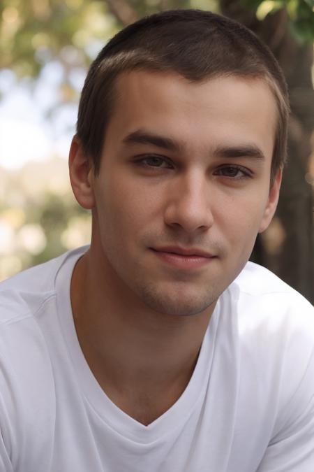 closeup face portrait photo of sc_stu  <lora:sc_stu-06:0.75> wearing a fitted white t-shirt, blurred natural setting, park, relaxed approachable, (smile:0.5), clean natural aesthetic, soft natural lighting, golden hour