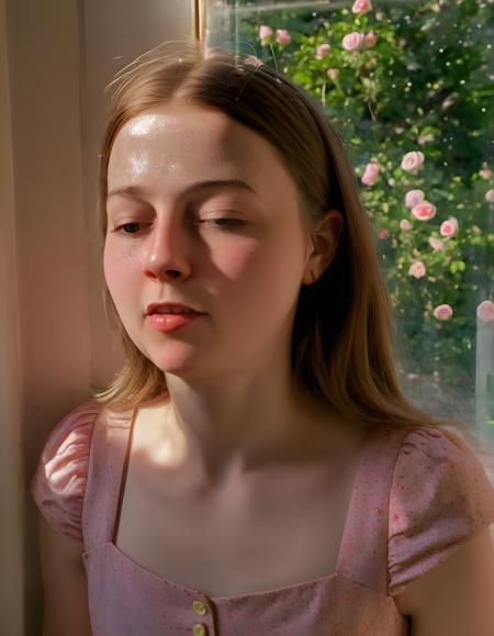 R10D4W50N, A close-up image captures the serene and youthful face of R10D5W50N, a woman with a sprinkle of freckles across her nose and cheeks, as she peacefully sleeps in a vintage, button-adorned, pink floral dress that cascades around her like a blooming rose bush. The scene is set against the backdrop of a clear blue sky through an open window, with rays of sunlight illuminating her face and casting shadows on the worn wooden mirror behind her. The camera angle is slightly below, emphasizing the dreamy expression on her face as she dozes off amidst the tranquility of a sunlit room, the buttons on her dress gently reflecting the shimmering light, creating a charming and nostalgic portrait that exudes a sense of warmth and innocence.
