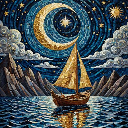 Illuminated ("The moon, a silver boat, sails through the sea of stars, painting dreams on the night sky.":1.2) , Suffering, hillside, Cubism, side lit, Selective focus, Kodachrome, gilded technique, Batik
