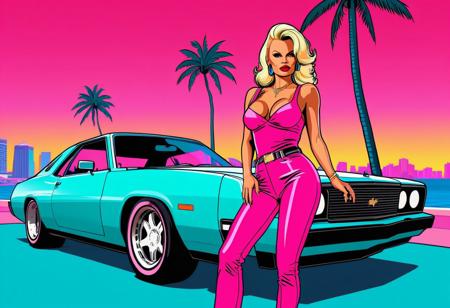 Pamela Anderson as a character in GTAV, vice city, neon, pastel, miami vice, flat colors, dutch angle, tilted angle, rockstar games, gta vice city, grand theft auto style, exaggerated, pop art style, vibrant colors, full body view
  <lora:add-detail-xl:1> <lora:aesthetic:1>  <lora:detailed_notrigger:1> <lora:Line Art Style SDXL_LoRA_20r_20e_8i_nr32_a16_Pony Diffusion V6 XL:1>