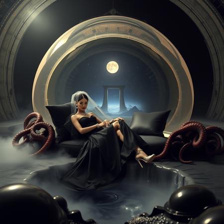 A refined, slender princess in an impeccable black high slit wedding dress, draped with a delicate slime film veil, adorns silver high heels, an elegant silver collar and handcuffs, and sparkles with diamond earrings, reclines amidst glossy black slime pillows, sheltered beneath a colossal, transparent jellyfish dome, enveloped by snaking tentacles, illuminated by a single, dim light beam, in the heart of a dark, foreboding alien hangar. The air is heavy with fog wafting from a gaping hole in the floor, filled to the brim with gleaming, transparent slime, as an ancient, celestial portal beckons in the distance, set against a backdrop of twinkling stars and a glowing moon.