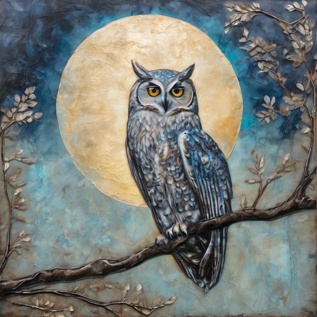 Encaustic: A textured encaustic painting of an owl perched on a moonlit branch, its feathers glowing with a soft, ethereal light.