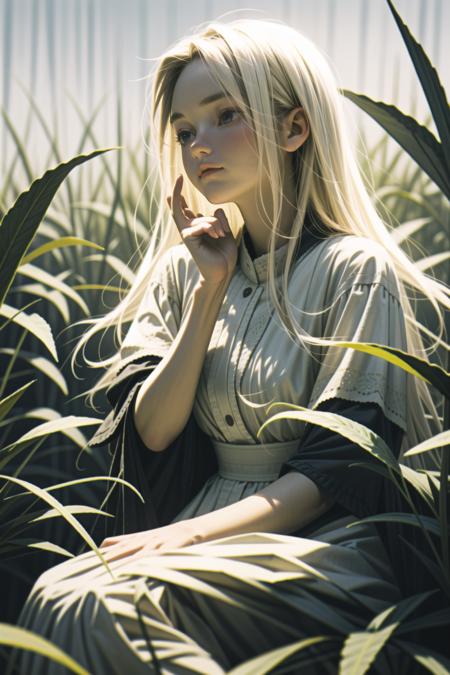 <lora:LCM_LoRA_Weights_SD15:1>
(masterpiece, best quality),1girl with long white hair sitting in a field of green plants and flowers, her hand under her chin, warm lighting, white dress, blurry foreground
<lora:L_IR01z3:.6> <lora:L_IR02x1:.4> <lora:L_IR03x2:0.5>