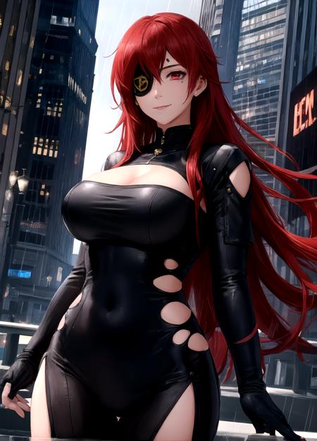 1girl, (shapely body), (solo), skyscraper outdoors, neon rim light, night, rain, volumetric lighting, <lora:Hwa_Ryun:1>,  red hair, long hair, Hwa Ryun, eyepatch, long hair, red hair, smile, red eyes, mask, large breasts,