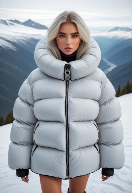 high tech mad science mind-control collar, ziped up oversized thick sherpa padded puffer coat with large turtleneck, With Having Her Entire Neck Covered In Thick Padded Neck Brace, very cold, puffer skirt, full body, winter, snow, mountains, 1girl, masterpiece, detailed face, detailed eyes, beautiful detailed eyes, sidelighting, super detail, hyper detail, intricate_details, detailed, looking at viewer, very detailed face, Blonde hair, white hair, absurdly long hair, hair between eyes, straight hair, green eyes, put your hair behind your ears, eyelashs, eyeliner, eye shadow, wet hair, sweat, white skin, Angry face, blush, padded cuffs, padded collar, Thick padded cuffs, Thick padded collar, sprawled, bound, bdsm, restrained, cuffs, spread legs,spread arms, <lora:Collar-SDXL:0.6>, <lora:Cuffs-SDXL:0.6>, <lora:Puffer_Jacket_and_Down_Jacket_-_Extra_Puffy_Jackets:0.6>, <lora:puffer_skirt_v1:0.6>