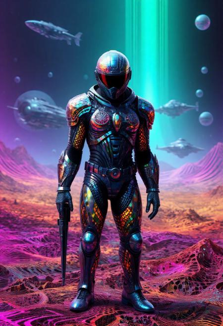 A soldier in high-tech armor standing on an alien battlefield, made out of fractangles, with massive starships in the background.