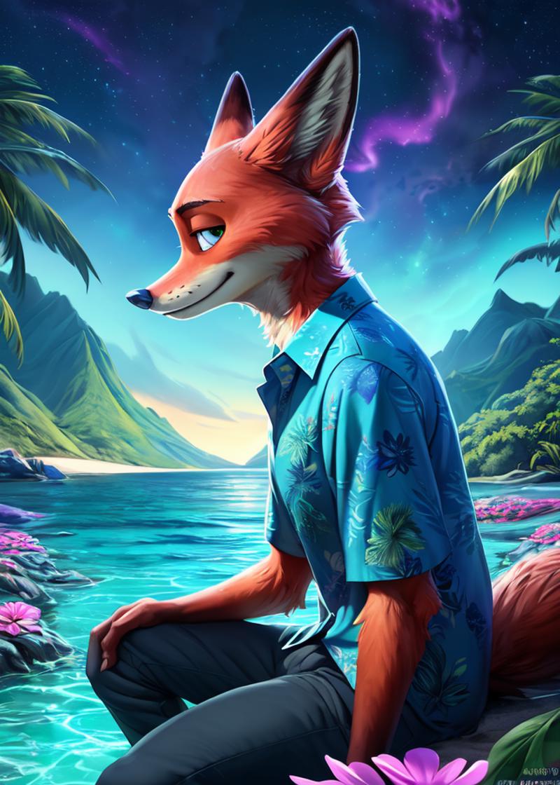 An animated cartoon of a fox in a blue Hawaiian shirt sitting on the beach.