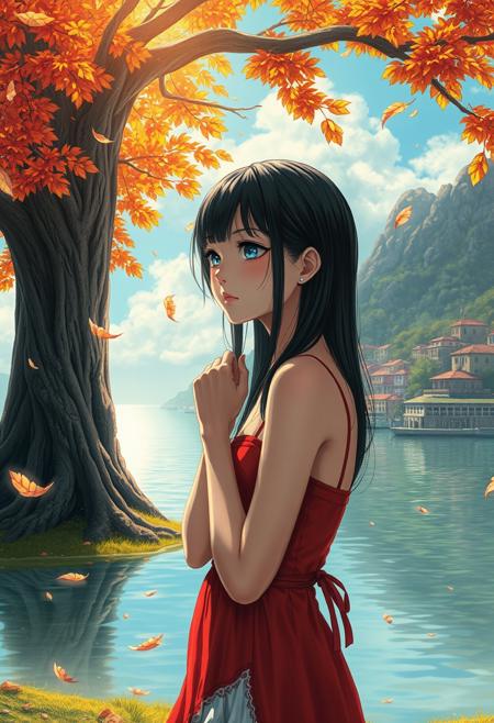 (photorealism:1.5)
Tomie Kawakami from Junji Ito collection,  thoughtful expression, gazing at the majestic tree, falling leaves,  calm coastal village in the background, warm sunlight, vibrant colors, high contrast, hyper-realistic, serene atmosphere, pensive pose, detailed, high-definition, reflective mood, peaceful setting, torn dressm long black hair, blue eyes
slight freckles, long eyelashes, thick eyebrows, torn pelvic sheer curtain, bridal gauntlets, torn red dress