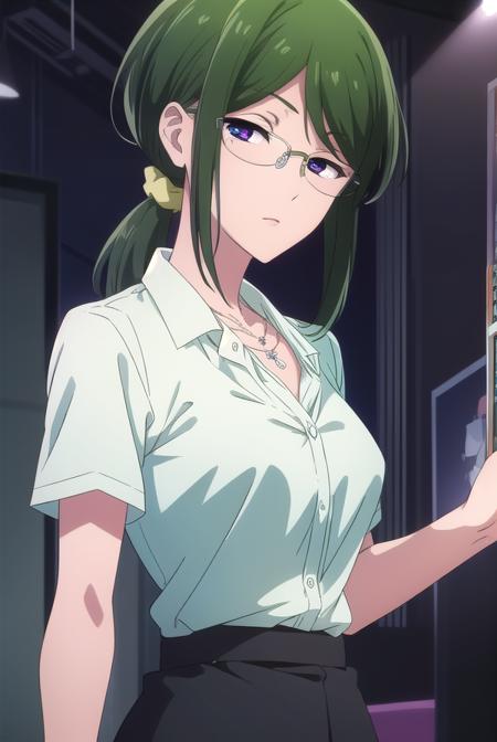 hanakokoyanagi, <lora:hanakokoyanagi-lora-nochekaiser:1>,
hanako koyanagi, green hair, low ponytail, (purple eyes:1.1), glasses,
BREAK skirt, shirt, necklace, office lady,
BREAK looking at viewer,
BREAK indoors,
BREAK <lora:GoodHands-vanilla:1>, (masterpiece:1.2), best quality, high resolution, unity 8k wallpaper, (illustration:0.8), (beautiful detailed eyes:1.6), extremely detailed face, perfect lighting, extremely detailed CG, (perfect hands, perfect anatomy),