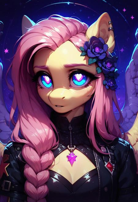 core_9, score_8_up, score_7_up, score_5_up, (masterpiece), (best quality), (highly detailed), Fluttershy, anthro, pony, wings, close-up face, large glowing shizoeyes with surreal patterns, violet sky filled with glowing eyes staring down at her, flowing mane with gradient pink tones and dark purple flowers braided into her hair, eerie and mystical atmosphere, dark gothic-inspired jacket with intricate details, glowing irises with an unsettling and haunting stare, abstract shadows enveloping her body, soft neon colors with shades of purple, blue, and pink, intricate cosmic shapes in the background, cinematic composition, high contrast lighting, unsettling surrealism, high detail