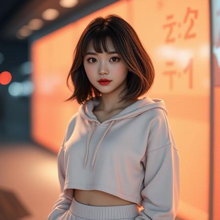(1girl, full body) , (beautiful Korean girl, kpop idol:1.5) , (Cute Loose Bob hair:1.5) , (wearing a cropped hoodie, capri sweatpants, high hills:1.5) , (red lips, perky breasts, toned stomach, eyelashes, aegyo sal:1.5) , immersive background, depth of field, (detailed face, beautiful detailed eyes, symmetrical eyes) , (volumetric haze, global illumination, dynamic lighting, best illumination, volumetric lighting) , (ultra highres, 8k, realistic, photorealism, photorealistic, hyperrealism:1.5) , (photon mapping, physically-based rendering)