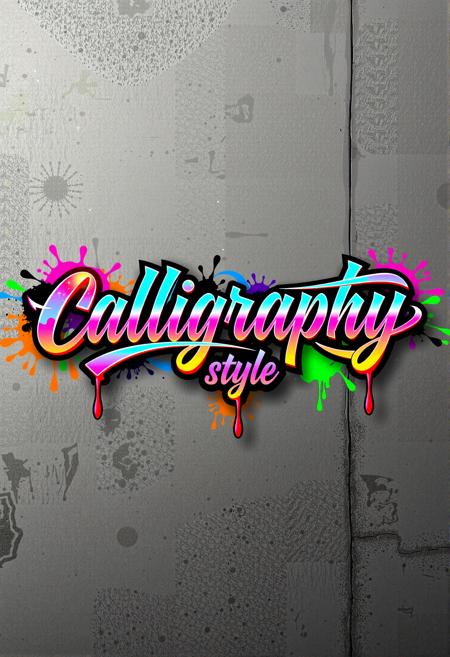 The image would feature the text "Calligraphy Style" as a stunning blend of traditional calligraphy and modern graffiti, where the two art forms merge seamlessly. The lettering is designed with sharp, precise lines characteristic of calligraphy, emphasizing elegant curves and dynamic strokes, while integrating the bold, expressive flair of graffiti art. The letters are filled with vibrant, flashy colors such as electric blues, neon pinks, fiery oranges, and vivid greens, creating a visually striking contrast that captures attention. The graffiti elements introduce splashes, drips, and spray paint effects around the edges of the letters, adding a raw, urban feel. The composition exudes energy with gradients and highlights that give a sense of depth and movement, as if the text is pulsating with life. Each letter showcases a unique interplay of crisp calligraphic lines and the chaotic vibrancy of graffiti, with subtle shadowing and glowing accents that enhance the dimensionality, making the artwork both stylish and rebellious, embodying the fusion of classic elegance and street art dynamism. (Realistic concrete wall background:1.3).