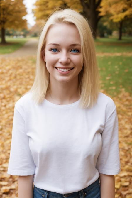 a 24 y/o American woman, blonde hair, (blue iris:0.2), (smile:0.1), white tshirt, blue jeans, standing in a park, autumn