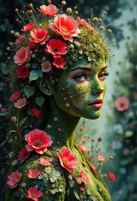 masterpiece, best quality, A hyper-realistic Close up shot of a figure completely made of grass and red flowers in female form, full body zoomed in, ultra sharp focus photo, 3d render, architecture, dark fantasy, vibrant (photography, high-resolution, dynamic, energetic,hyper-realistic, dramatic lighting, shallow depth of field.), dramatic lights, Cinematic, beautiful, vibrant, masterpiece, 32k, ultra HD, ultra-detailed, amazing quality, amazing artist, sharp edges, detailed textures, full view, atmospheric lighting, amazing visuals