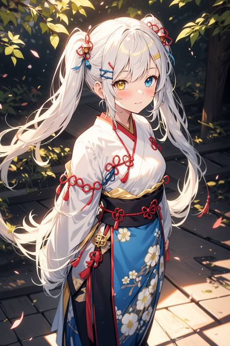 1girl, solo, masterpiece, best quality, (blush:1.3), looking at viewer, high resolution, (illustration:0.8), (nice hands, perfect hands), (perfect anatomy), white hair, very long hair, long twintails, (left blue eyes 1.2), (right yellow eyes:1.2), heterochromia, bangs, small breast, hair clip, thick thighs, (hanfu:1.3), outdoors, japanese background, floating hair, cowboy shot, dynamic poses, standing, ((arms behind back)), from above, light particles,