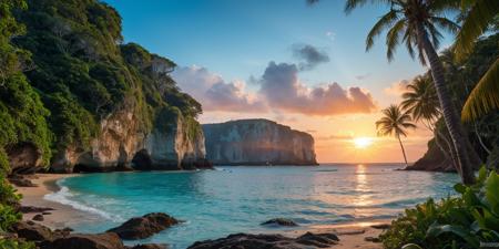 RAW photo, pristine shoreline, delicate jungle grove, majestic nature, picturesque scenery, enchanting sun beams, beautiful sky, maximalist landscape, dynamic sunset, desolate atmosphere, serene ocean, crystal blue water, ancient cliff, lens flare, photorealistic, masterpiece, 64k, UHD, ultra detailed, vivid colors, high quality, sharp focus