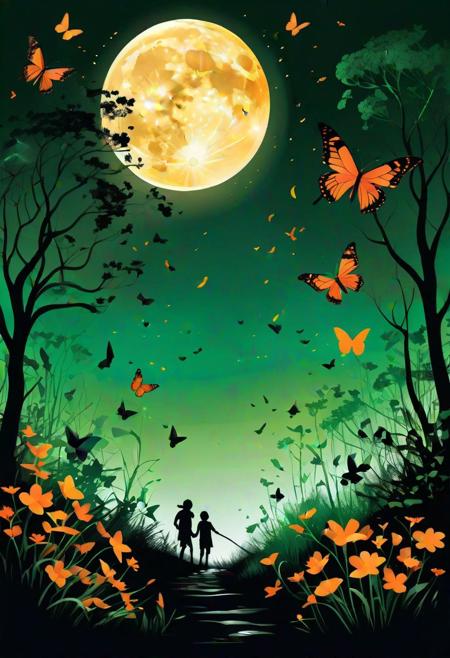 Black and white silhouette vector art, (Moonlit night:1.2), Kids playing in the distance, (Sweeping light:1.3), Flower-shaped glow, Butterflies in flight, (Vibrant green and orange accents:1.2), Noir art style, Dramatic composition, Intricate details, Enchanting atmosphere.
