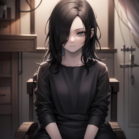 ((masterpiece, best quality)),(complex lighting),solo,1girl,upper body, eveline, black dress, black hair, <lora:EvelineRE1:0.6>, boots, sleeves rolled up, hair over one eye,long hair, pale skin, sitting, on chair, grey eyes