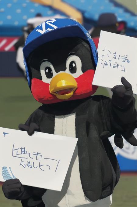 masterpiece, best quality, ultra-detailed, illustration,
tsuba9rou, mascot, holding sign, holding, looking at viewer, helmet, baseball cap, upper body, furry male, open mouth, beak, v, black eyes, smile, sign, furry, blurry background, blurry, stadium, 
 <lora:Tsubakurou_V1_1.0_MIDD_ResizeDIM8:1>