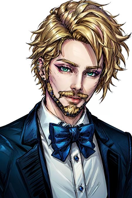 Duskfallcrew Art Style,  solo,  looking at viewer,  blue eyes,  blonde hair,  simple background,  1boy,  white background,  bow,  jewelry,  green eyes,  upper body,  male focus,  earrings,  bowtie,  makeup,  facial hair,  piercing,  white bow,  beard,  mustache, <lora:EMS-57370-EMS:0.500000>