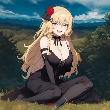 (masterpiece),(best_quality),detailed,Celica_Arfonia,1girl,solo,smug,mischevious_expression,doubt,open_mouth,black_dress,hair_ornament,braid,red_flower,black_ribbon,full_body,sitting,sun,daytime,nature_background,trees,forest,pines,cloud,mountains,breasts, hazel_eyes, blonde_hair, cleavage,  <lora:Celica_Arfonia-03:0.8>