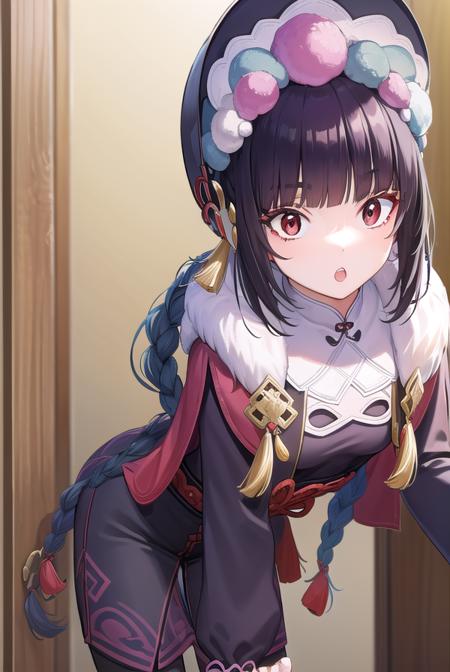 yunjin, <lyco:yunjin-lyco-nochekaiser:1>,
yun jin, black hair, blunt bangs, braid, eyeshadow, long hair, makeup, purple hair, (red eyes:1.5), red eyeshadow, (small breasts:1.2), <lora:surprised_v100:1>, <lora:talkmouth_U_v100:1>, open mouth,
BREAK black footwear, boots, chinese clothes, fur trim, hat, knee boots, long sleeves, pantyhose, pom pom (clothes), purple pantyhose,
BREAK indoors, theater,
BREAK looking at viewer, (cowboy shot:1.5), upper body,
BREAK <lyco:GoodHands-beta2:1>, (masterpiece:1.2), best quality, high resolution, unity 8k wallpaper, (illustration:0.8), (beautiful detailed eyes:1.6), extremely detailed face, perfect lighting, extremely detailed CG, (perfect hands, perfect anatomy),