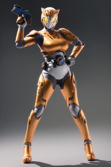 (masterpiece,best quality,4k,8k),kamen rider valkyrie RC, (1girl, solo, mature female,large breasts,wide hips,cameltoe), looking at viewer, animal ears, standing, full body, gloves,  animal ears, full body, yellow eyes, armor, hand on hip, bodysuit,glowing yellow eyes, armor, science fiction, tokusatsu, female focus, kamen rider,belt,holding weapon, handgun, <lora:kamen_rider_valkyrie_RC-10:0.7>