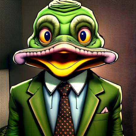 A cartoon monster, lots of fangs, derpy eyes, colorful, tentacles, horns, hd, best quality, 16k

Slimecorns, Duck head in suit Renaissance painting, closeup, John Atkinson Grimshaw classic oil painting of a distinguished well dressed mallard in suit and tie, upper body of a man, posing, good posture, highly detailed, extremely grainy, matte, soft lighting, muted colors, desaturated, hieronymous bosch, da vinci, hyper realistic, Steve McCurry, Eric Lafforgue