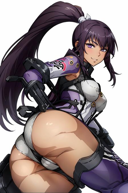 srw_ayame leotard, high ponytail, purple long sleeves, pilot suit, suspenders