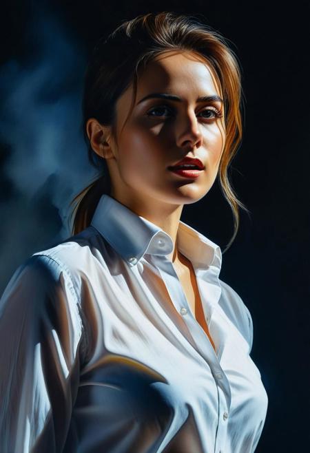 close-up, 8k, HDR, RGB, oil paint, watercolor, masterpiece, 8k, raw, ultra-realistic,
woman in white high collar shirt, high quality, masterpiece, portrait, fashion show, captured in the middle of a splash, action pose suggesting movement, chiaroscuro play of light and shadow, luminism, engraving, uniqueness, creating a photorealistic and crazy impression, professional level, digital art, soft natural volumetric cinematic perfect light. Interaction of light and shadow,
Greg Rutkowski, Maria Sibylla, Merian Style, Studio Ghibli Genshin Impact