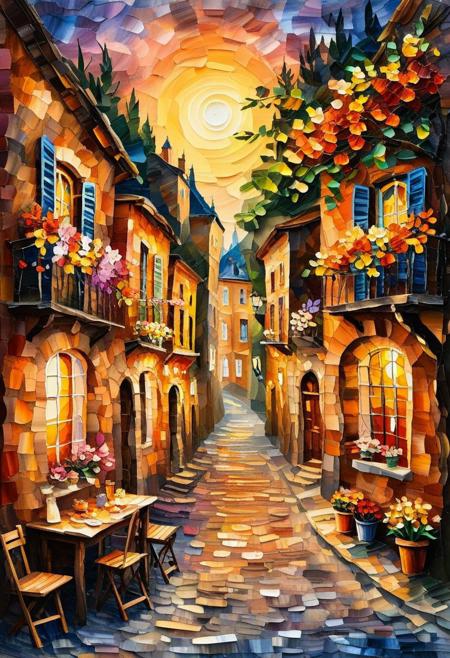 Mix of Paper Quilling, Layered Paper and Oil Painting in the style of Leonid Afremov, a highly detailed illustration of a quaint cobblestone street in a historic European town, with flowers blooming on balconies, captured in golden hour lighting, devoid of any human presence.
