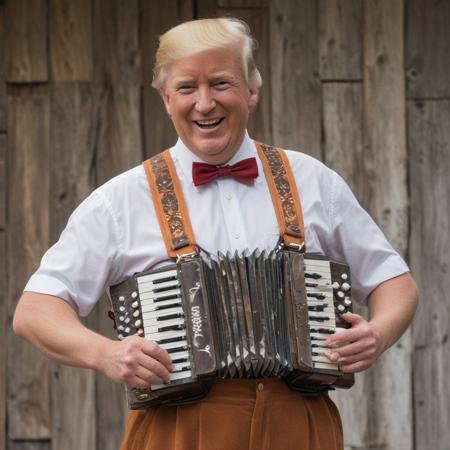 score_9, score_8_up, score_7_up, trump_ice, looking at viewer, 1boy, orange skin color, blonde hair,  open smiling mouth, bare chest,  lederhosen, white hair, blurry background, realistic, old man, Donald Trump wearing lederhosen, and short shorts, playing wooden accordion, Bavarian hat, smiling