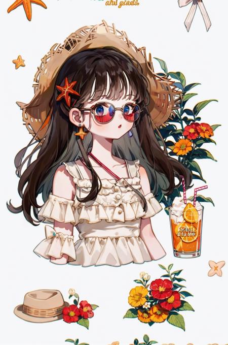 1girl, solo, starfish, seashell, shell, flower, hat, hair ornament, jewelry, straw hat, looking at viewer, sunglasses, hat flower, drinking straw, hairclip, earrings, red flower, tinted eyewear, yellow flower, bangs, english text, multicolored hair, orange flower, black hair, ring, cup, long hair, orange-tinted eyewear, food, brown hair, portrait, shell hair ornament<lyco:littledog:1>