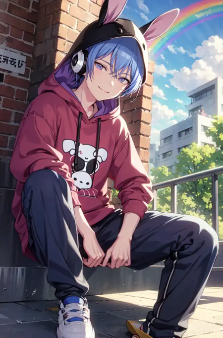 toyakun, looking at viewer, smile, blue eyes, long sleeves, hat, animal ears, sitting, purple eyes, jacket, outdoors, sky, day, pants, cloud, hood, tree, blue sky, plaid, hoodie, feet out of frame, fake animal ears, headphones, stuffed toy, stuffed animal, hood down, building, red shirt, hood up, knee up, stairs, animal hood, sign, railing, drawstring, stuffed bunny, cross-laced clothes, balloon, brick wall, rainbow, white hoodie, street, colorful, rabbit hood, plaid pants, skateboard, pastel colors