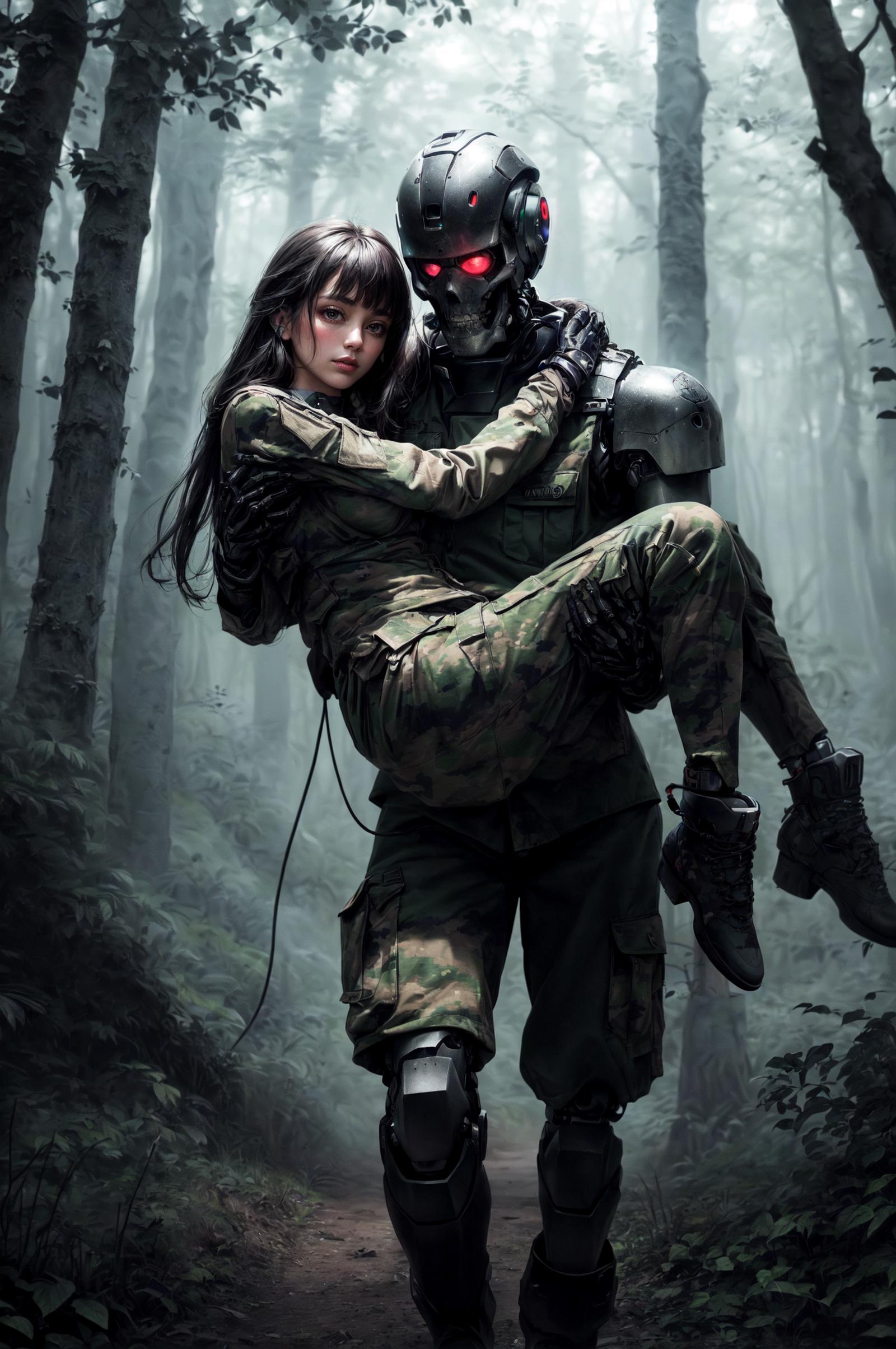 A man in a camouflage uniform holding a woman in a forest setting.