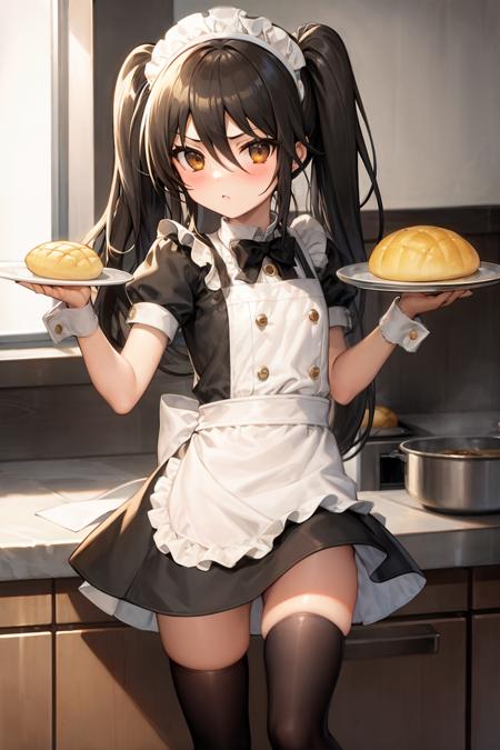 masterpiece, best quality,  <lora:shana:1>,shana, 1girl, long hair, thighhighs, black hair, melon bread, food, solo, bread, apron, twintails, black thighhighs, very long hair, brown eyes, maid, maid headdress, hair between eyes, frills, wrist cuffs, bow, zettai ryouiki, enmaided, choker, short sleeves, alternate costume, skirt, looking at viewer, holding, white apron, frilled apron, black skirt, blush, puffy short sleeves, miniskirt, bowtie, puffy sleeves, red bow