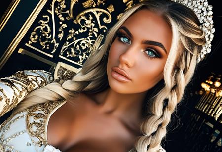 chvnmxlrd, 1girl, solo, looking at viewer, upper body, dutch angle, realistic, selfie 24 year old, medium breasts, Honey braided hairstyle, Swazi real world location, peach eyes, fair skinned, best quality, RAW photo, subject, 8k uhd, high quality, photorealistic, fair-skinned female, pale skin, majestic, alchemy-inspired, swanky, aristocratic, Dramatic contrast shot <lora:chvnmXLrd:0.9>