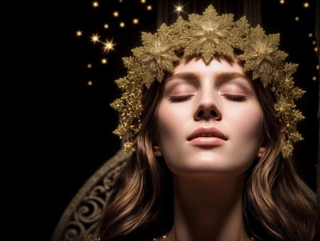 (masterpiece)+, (best quality)+, (Intricate detail)+,  a beautiful face lit from below, eyes closed, wreathed in glowing stars, starfield background, HDR, high contrast, subsurface scattering, specular highlights
