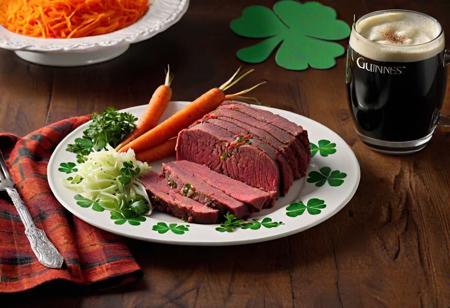 succulent corned beef, carrots and cabbage on a (white plate with shamrock pattern on the rim), glass of (Guinness beer) , showcasing the texture of the food and the festive atmosphere of the St, Patrick's day meal, 16k UHD, Commercial photography, A bright environment, Studio lighting, OC rendering, Solid color isolated platform, Professional photography, Color classification, Super detail