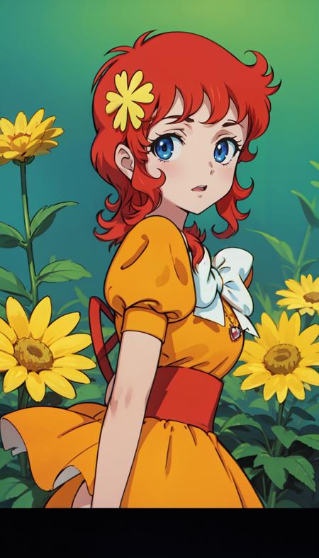 (straight-on:1.1),upper body,BREAK
ANIME_kanzaki_megu_ownwaifu,www.ownwaifu.com,
long hair,red hair,flower,hair flower,breasts,aqua eyes, 
hair ornament, dress,skirt,orange dress,orange skirt,bow,jewelry,orange shirt,puffy sleeves,puffy short sleeves,short sleeves,red ribbon, white bow, short dress, 
(retro artstyle,1980s_(style)),  
<lora:ANIME_kanzaki_megu_ownwaifu:0.8>, BREAK, 1girl, solo, looking at viewer, upper body, official art, highres, scenery, (masterpiece:1.1), (best quality,:1.1), (high quality:1.1), (anime screencap:1.2),