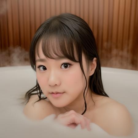@shibukaho,Shibuya Kaho \(Person\),Kaho Shibuya \(Person\),masterpiece, 1girl, ((portrait shot)), black eyes:1.5, nose, brown hair, eyeliner, closed mouth, looking at viewer, bath robe, long hair, submerged in water, indoor sauna, ((floating steam)), convenient censoring, solo, upper body, <lora:Shibuya-Kaho-V2:1>