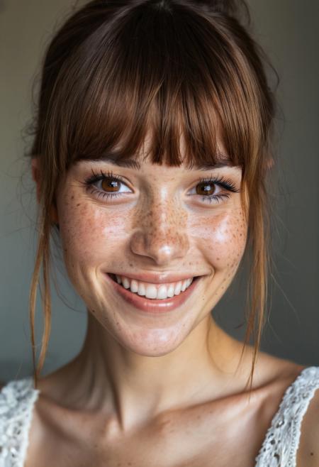 beautiful lady, (freckles), big smile, brown hazel eyes, Full Bangs, dark makeup, hyperdetailed photography, soft light, head and shoulders portrait, cover